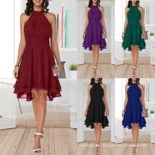 The new summer fashion of 2021 pure color sleeveless double chiffon dress with neck hanging